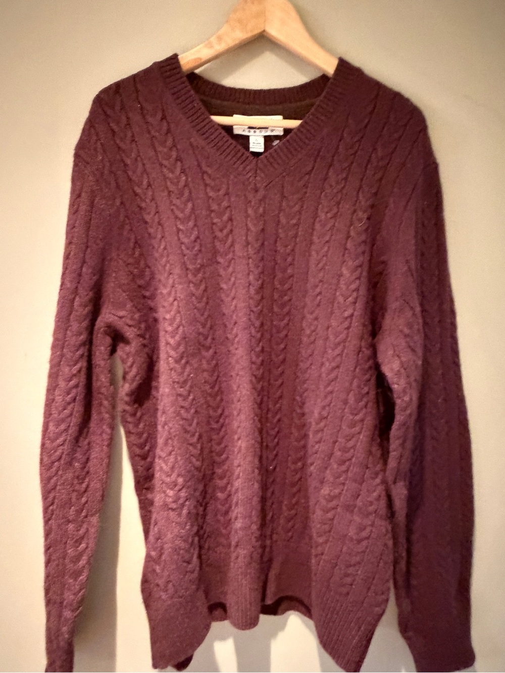 Joseph Abboud Mens Cable Knit V-Neck Wool Sweater - Brown/Burgundy Large NWT